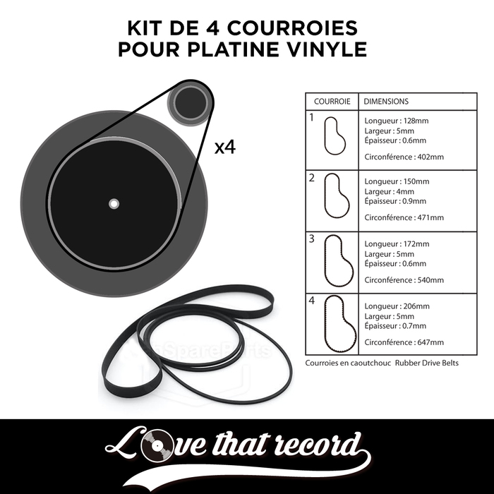 Kit de 4 courroies pour platine vinyle - Produits Dérivés Audio