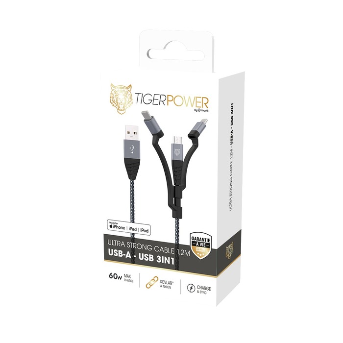 Image 2 TIGER POWER CABLE 3EN1 USB-A VERS USB-C/LIGHTNING/MICRO-USB 1,2M GRIS 3663111129373 TGUSC0007 big