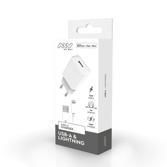 PACK CHARGEUR SECTEUR 12W + CABLE USB-A LIGHTNING BLANC : ascendeo