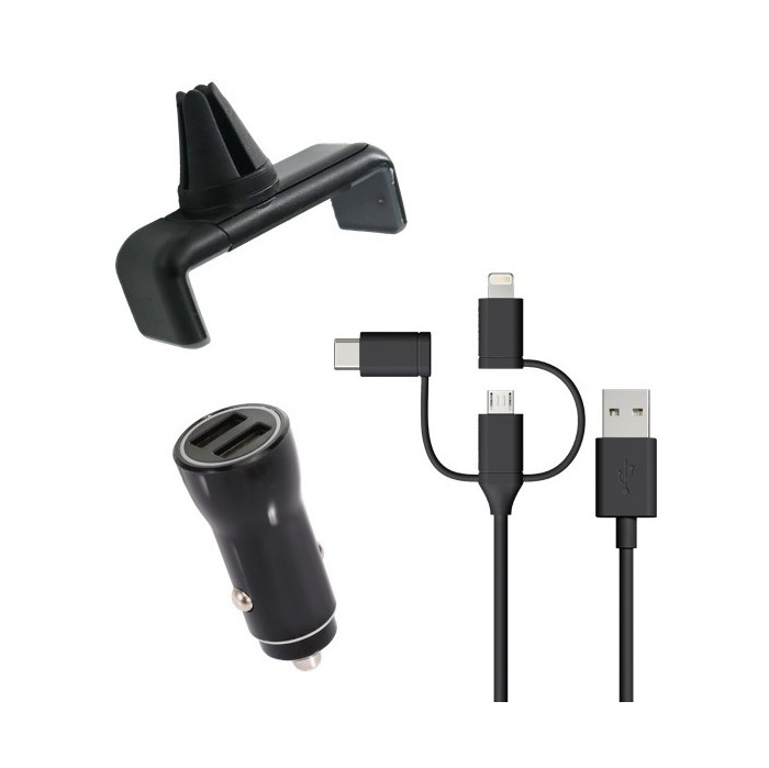 PACK 3EN1 CHARGEUR VOITURE 2 USB-A + CABLE 3EN1 + SUPPORT GRILLE : ascendeo  grossiste Packs chargeur
