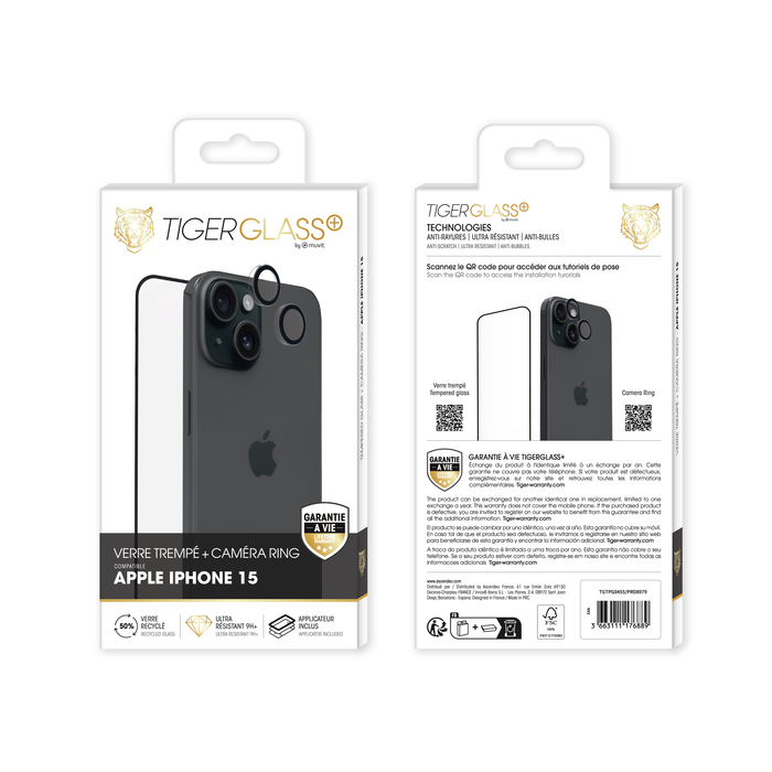 Image 2 TIGER GLASS PLUS PACK CAMERA RING VT RECYCLE IPHONE 15 3663111176889 TGTPG0455 big