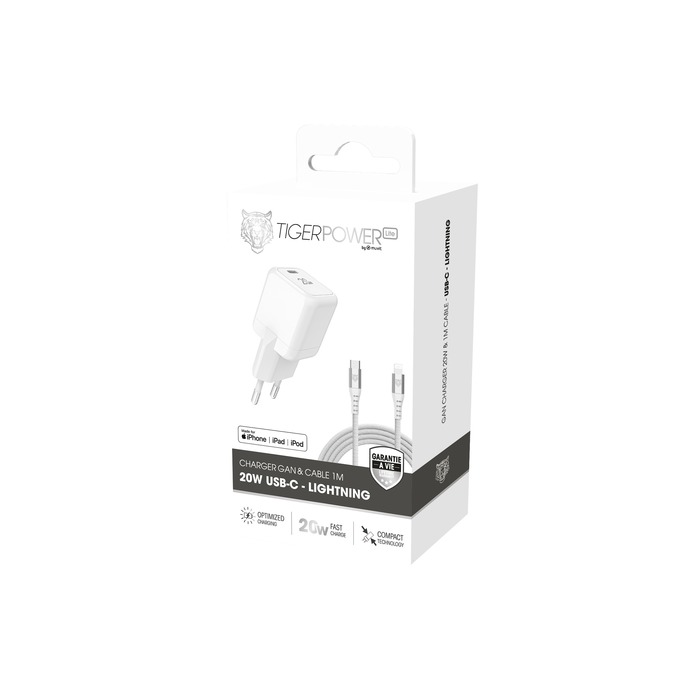 Image 2 TIGER POWER LITE PACK CHARGEUR SECTEUR GAN 20W + CABLE LIGHTNING BLANC 3663111184051 TGPAK0016 big