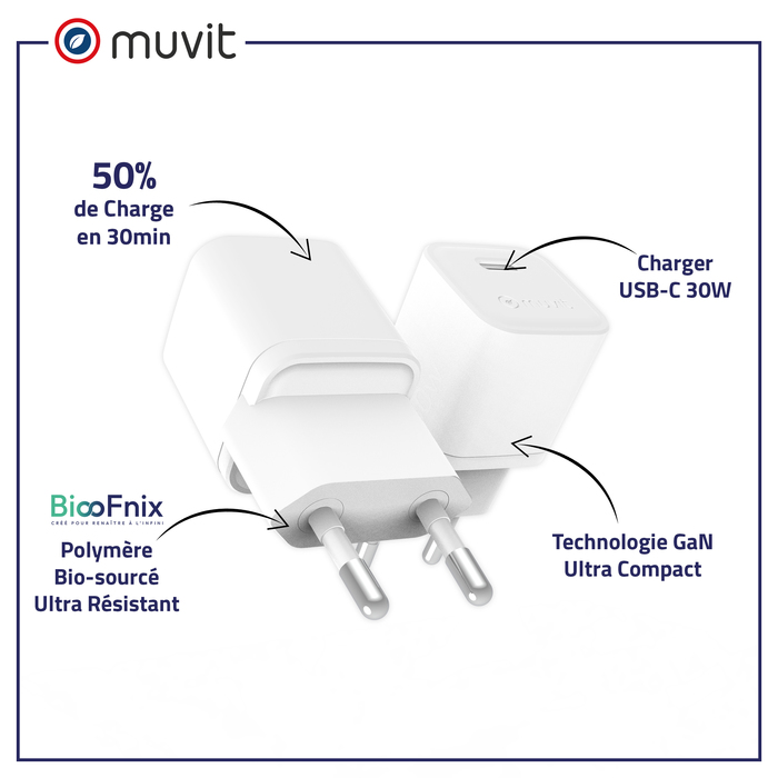 Image 2 CHARGEUR SECTEUR GAN 30W USB-C BIOSOURCE BLANC 3663111192032 MFACC0001 big