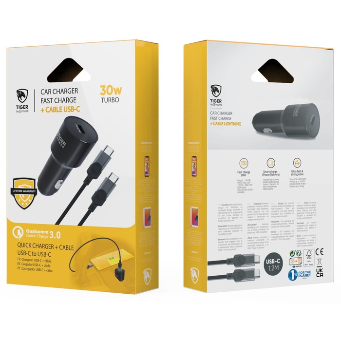 TIGER POWER PACK CHARGEUR VOITURE PD 30W + CABLE USB-C/USB-C 1,2M :  ascendeo grossiste Packs chargeur