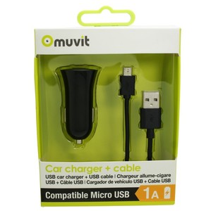 PACK BLACK CAR CHARGER 1 USB 1A + CABLE MICRO USB 1M 1A