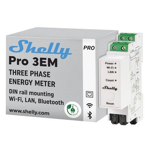 Shelly Pro 3EM - Compteur électrique triphasé connecté 120A - LAN, Wi-Fi & Bluetooth - MODBUS - Contrôle photovoltaïque - iOS Android